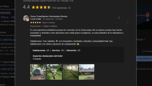 Reseña del hostal Cayuco Maya con 4.4 estrellas, con cabañas y paisajes naturales en Bacalar, México