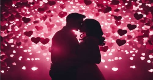 Couple enlacé en silhouette entouré de cœurs roses lumineux au Domaine du Haut de la Dombes, Châtillon-sur-Chalaronne