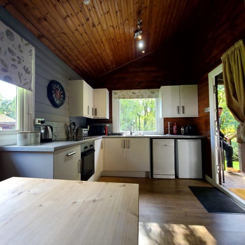 Modern kitchen at Grouse Lodge in Dunoon with wooden ceiling, cream cabinets, and garden views