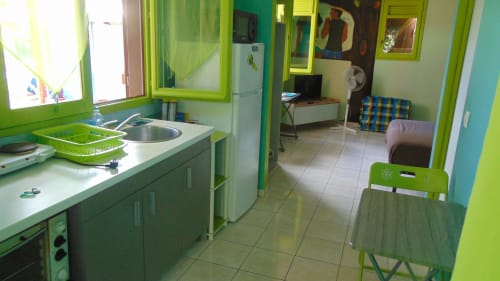 Cuisine et salle à manger vert vif du gîte Caribgites à Sainte-Anne, équipées d'appareils modernes et donnant sur le jardin