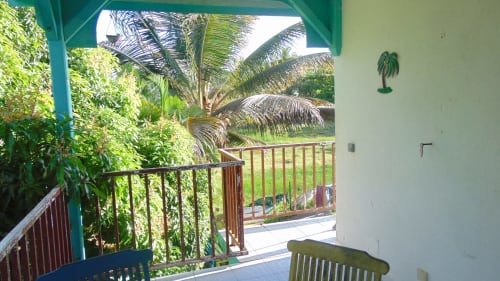 Cottage Caribgites à Sainte-Anne, jardin luxuriant, palmiers, terrasse et végétation tropicale