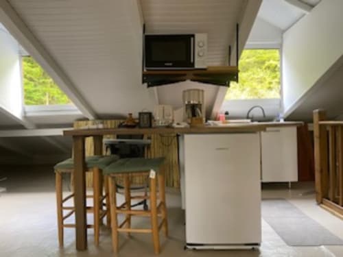 Cuisine loft moderne avec espace repas : micro-ondes, réfrigérateur, grille-pain, bouilloire, cafetière, évier et rangement.