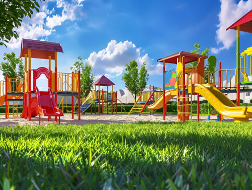 Aire de jeux | Diapositives | Escaliers | Herbe | Nuages