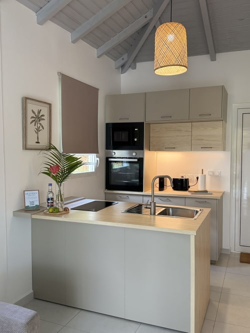 Cuisine moderne avec îlot à Domaine de la Glacière, Petit Bourg, luminaire suspendu tressé et acier inoxydable