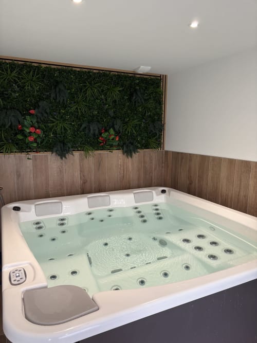 Luxueux spa avec bains à jets au Lady Jule spa à Sainte-Luce-sur-Loire, mur végétal verdoyant