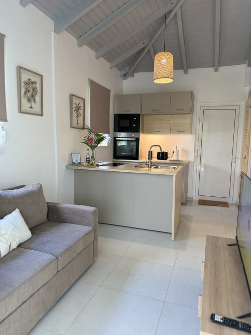 Espace cuisine-salon moderne du bungalow Balisier au Domaine de la Glacière, Petit-Bourg avec canapé gris et plan ouvert