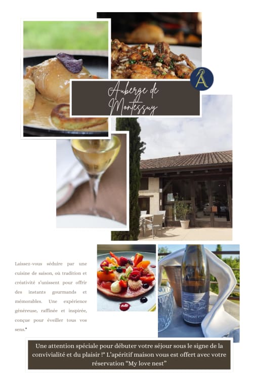 Collage gastronomique de l'Auberge de Montessay : cuisine raffinée, sélection de vins et terrasse extérieure à Châtillon-sur-Chalaronne