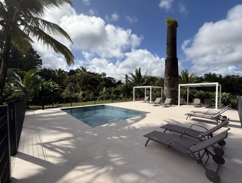 Terrasse piscine du Domaine de la Glacière avec transats, pergolas et palmiers à Petit-Bourg, Guadeloupe