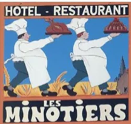 Letrero vintage del hotel-restaurante Les Minotiers con chefs ilustrados, hospitalidad Mirepoix