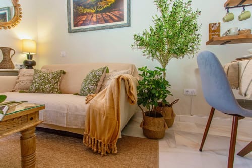 Sala de estar luminosa con sofá beige, plantas en macetas, silla azul, estante de madera e iluminación cálida en Puerto Santa