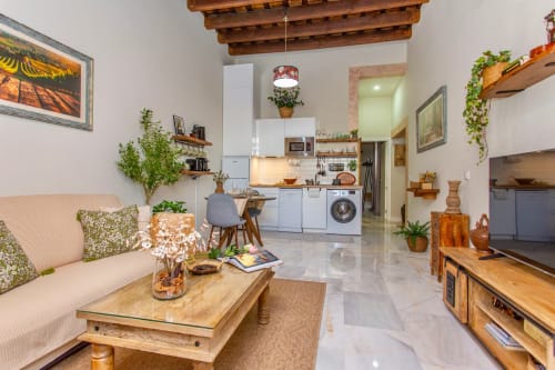 Moderno apartamento en Puerto Santa María con sala abierta, cocina, vigas de madera, plantas en macetas y asientos confortables