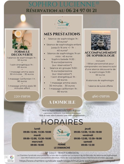 Menu des services Sophro Lucienne sophrologie avec tarifs et horaires à Sailly-Flibeaucourt