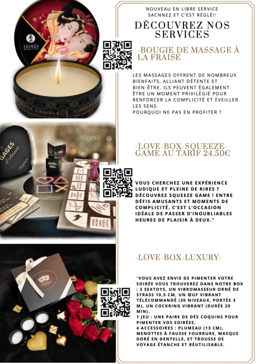 Collection de bougies de massage luxe Shunga et jeux intimes avec codes QR au Domaine du haut de la Dombes.