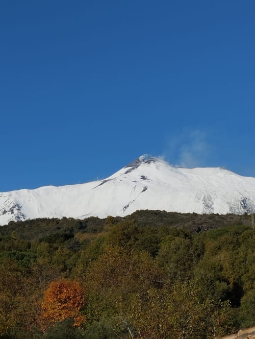 L'Etna innevato si erge sopra la foresta autunnale vicino all'Hotel Milomax a Milo, Sicilia