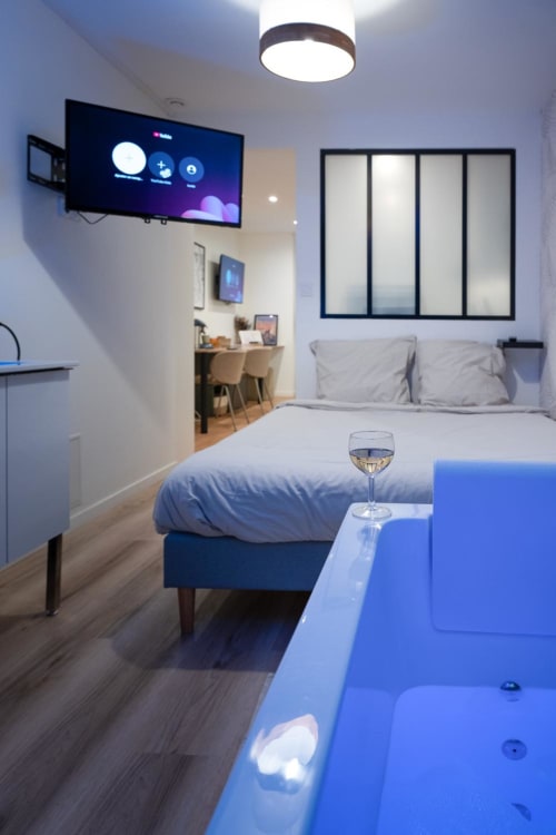 Modern Bordeaux apartment bedroom with jacuzzi tub, flat-screen TV, desk area, and city view window