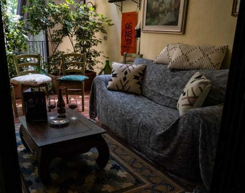 Soggiorno dell'Hotel Milomax con divano grigio, cuscini decorativi, sedie in legno, piante in vaso e bicchieri di vino sul tavolino