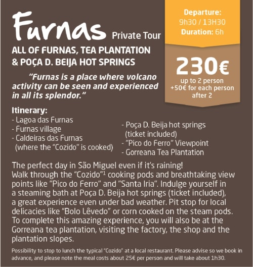 Furnas Private Tour brochure: volcano tours, tea plantation, hot springs. €230 for 2 people, 6h duration from Várzea, São