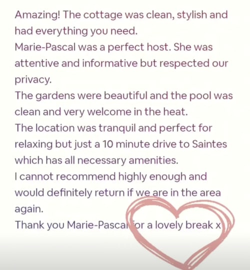 Photo testimony and review of Claire following her stay at La Loge du Grand Cèdre, Saintes 17100