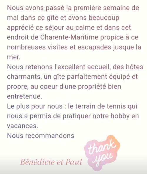 Photo testimony and review of Bénédicte following her stay at La Loge du Grand Cèdre, Saintes 17100