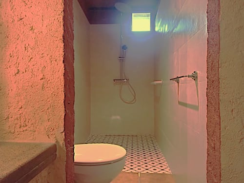 Baño moderno en la casa rural Can Gat Vell cerca de Girona con ducha, inodoro, azulejos con diseños y paredes coral texturizadas