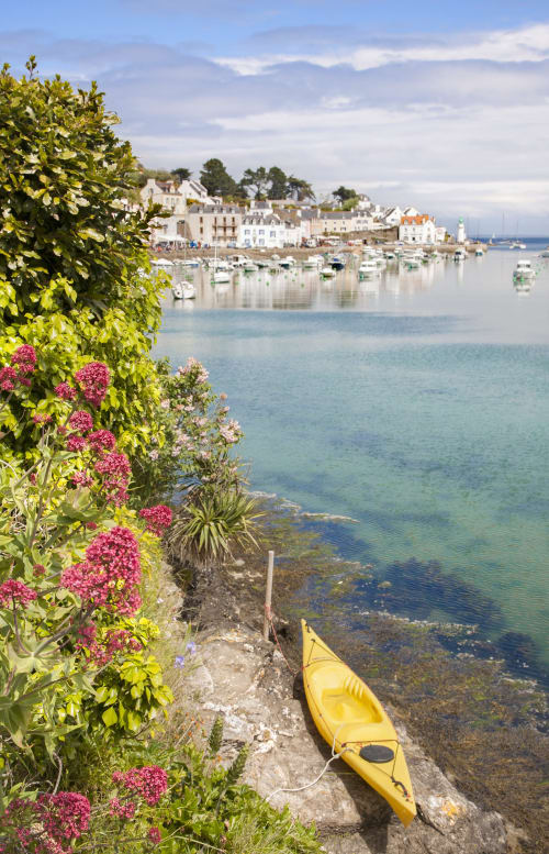 Kayak jaune à côté de fleurs roses au port de Locmaria, Belle Île en Mer