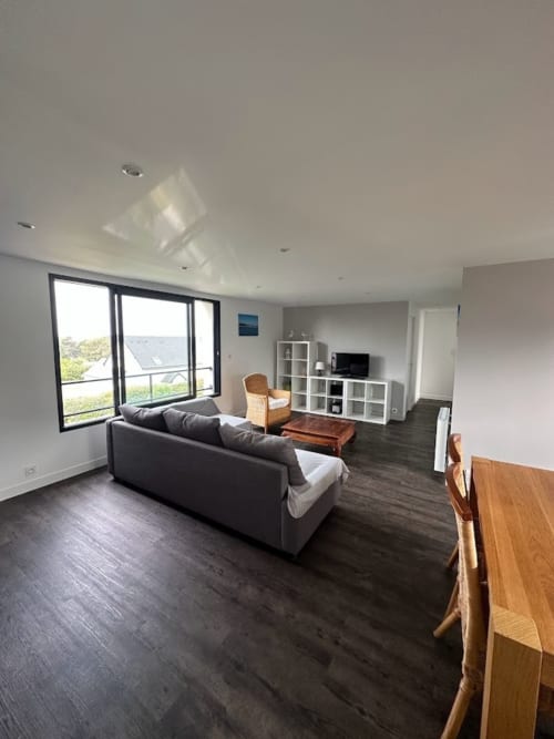 Séjour moderne avec vue mer, plancher en bois foncé, canapé gris, étagères blanches, TV et balcon à L'Écrin du