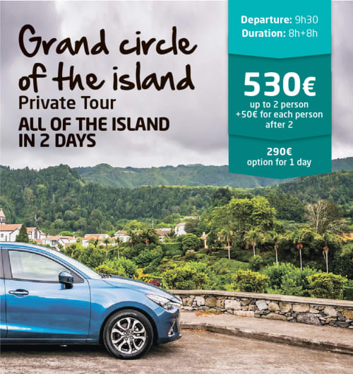 Grand circle island private tour from Villa Várzea: blue car overlooking lush Portuguese landscape