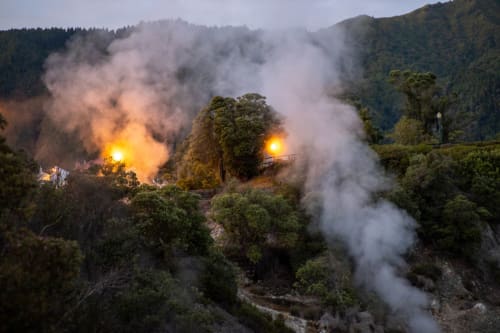 Geothermal steam vents at dusk near Villa Várzea guesthouse in Várzea, Portugal