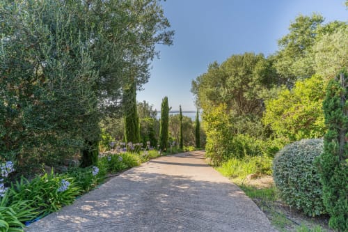 Allée de jardin méditerranéen à Villa Marina Di Cavu à Bonifacio avec cyprès, vue mer et végétation luxuriante