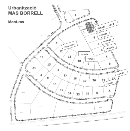 Urbanización Mas Borrell Mont-ras site plan, Palafrugell showing numbered plots and street layout