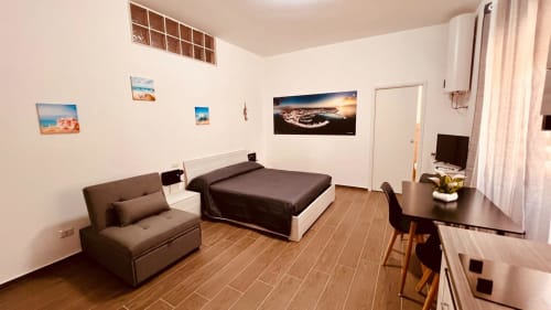 Moderno monolocale a Bari con divano marrone, letto, scrivania e foto della vista costiera sulle pareti