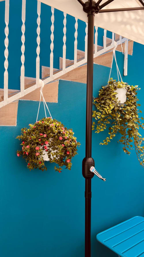 Coloratissime fioriere sospese contro il muro turchese dell'appartamento vacanze Bari a Varadero, Cuba