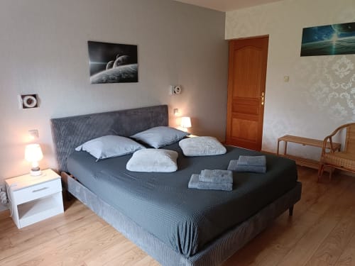Chambre moderne à CafecouetBreizh à Guipry-Messac avec lit gris, table de nuit blanche, lampes jumelées et tableau de jardin