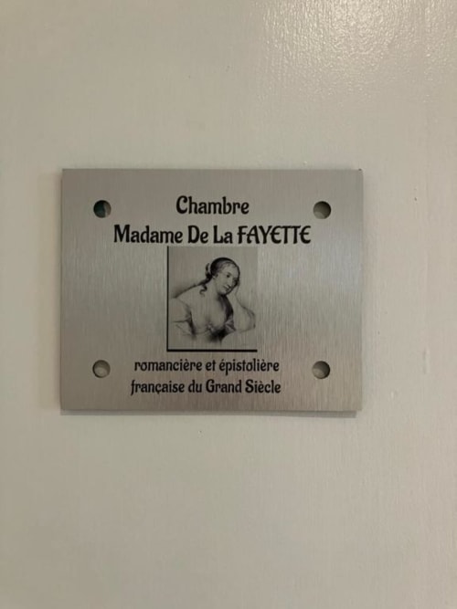 Plaque for Madame de la Fayette room at Les logis de Kergoulou, a French 18th-century writer's chamber in Concarneau