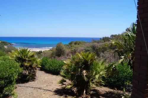 Coastal villa veranda view with palm trees overlooking turquoise Mediterranean sea near Orosei, Italy