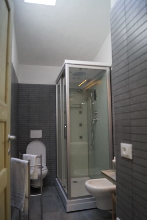 Modern bathroom at Domo De Mannoi in Orosei with dark tile walls, shower cubicle, and toilet fixtures