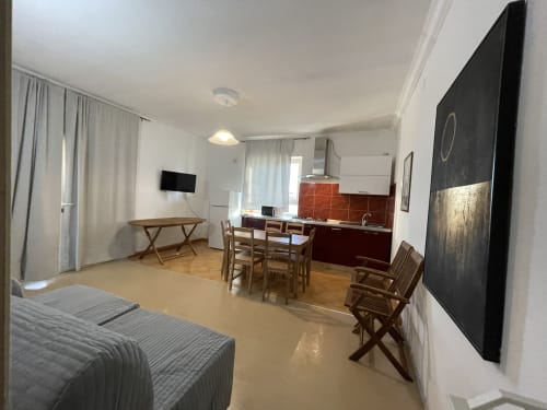 Open-plan apartment in Orosei with dining area, kitchen, bed, TV, and wooden furniture