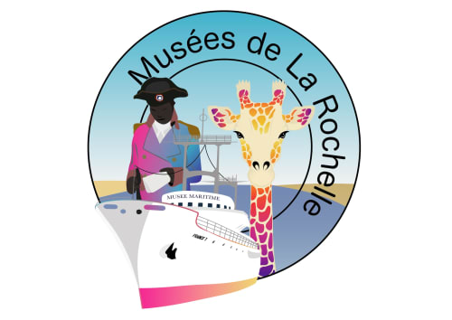Logo des Musées de la Rochelle avec une girafe, un musicien et un navire dans un design coloré