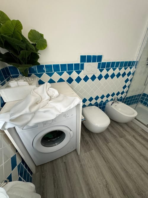 Bagno moderno a Villa Carrie Porto Pozzo con piastrelle blu e bianche, lavatrice e bidet a Santa Teresa