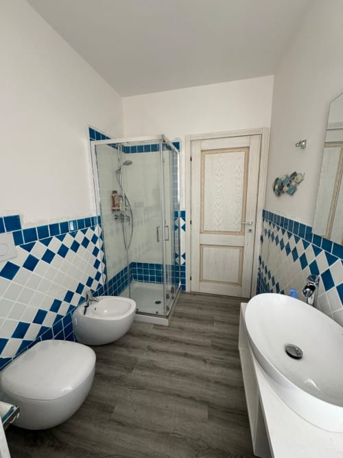 Bagno moderno con piastrelle a rombi blu e bianche, doccia walk-in, WC, bidet e pavimento effetto legno a Villa Carrie Porto