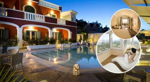 Al Mirador Resort in Fasano, Italien - luxuriöse Poolterrasse bei Dämmerung mit eleganter Architektur und Ausblick auf die Gästezimmer