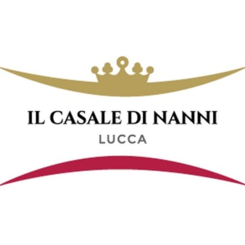 Il Casale di Nanni luxury B&B logo with gold crown and burgundy accents in Lucca, Italy