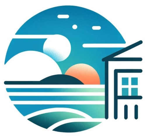 Illustration de coucher de soleil côtier avec bâtiment en bord de mer pour l'hôtel L'Écrin du Blanc Caillou à Saint-Pair-sur-Mer