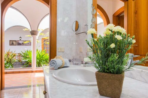 Elegant bathroom at Finca de La Geria with white sink, yellow carnations, arched doorway, and garden views