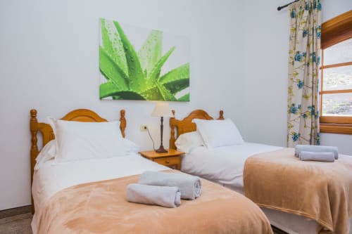 Twin beds with wooden headboards and white linens in La Casa cottage at Finca de La Geria, Yaiza, with green plant artwork