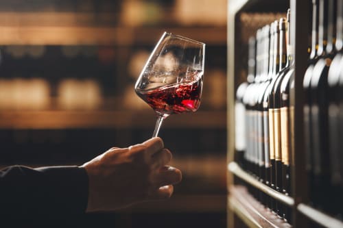 Person holding red wine glass at Al Mirador Resort in Fasano, Italy, with wine bottles on shelf behind
