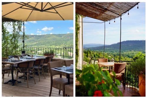 Terrassen La Bouscatière mit Panoramablick auf das Tal von Moustiers-Sainte-Marie, schattige Speisebereiche mit Glyzinen.