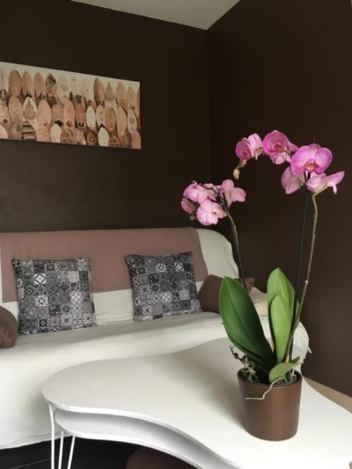 Chambre moderne à Nano House avec orchidées roses, murs sombres et coussins à motifs sur le lit