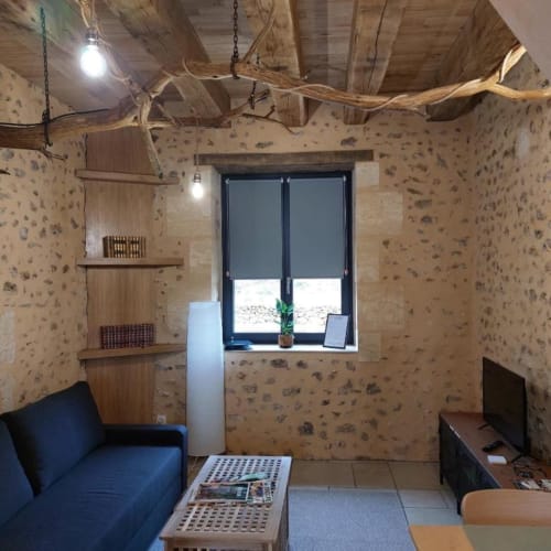 Cozy cottage lounge with cork walls, wooden beams, blue sofa, shelving, and garden view window at Domaine de la Grande