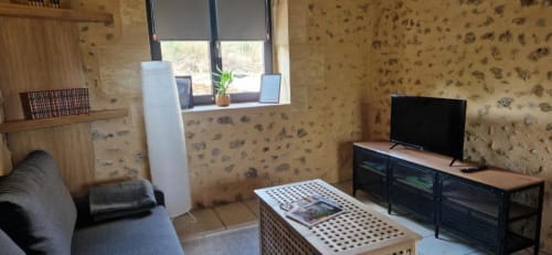 Cozy living area in Gîte Cocoon cottage with patterned wallpaper, sofa, TV, coffee table and garden view window